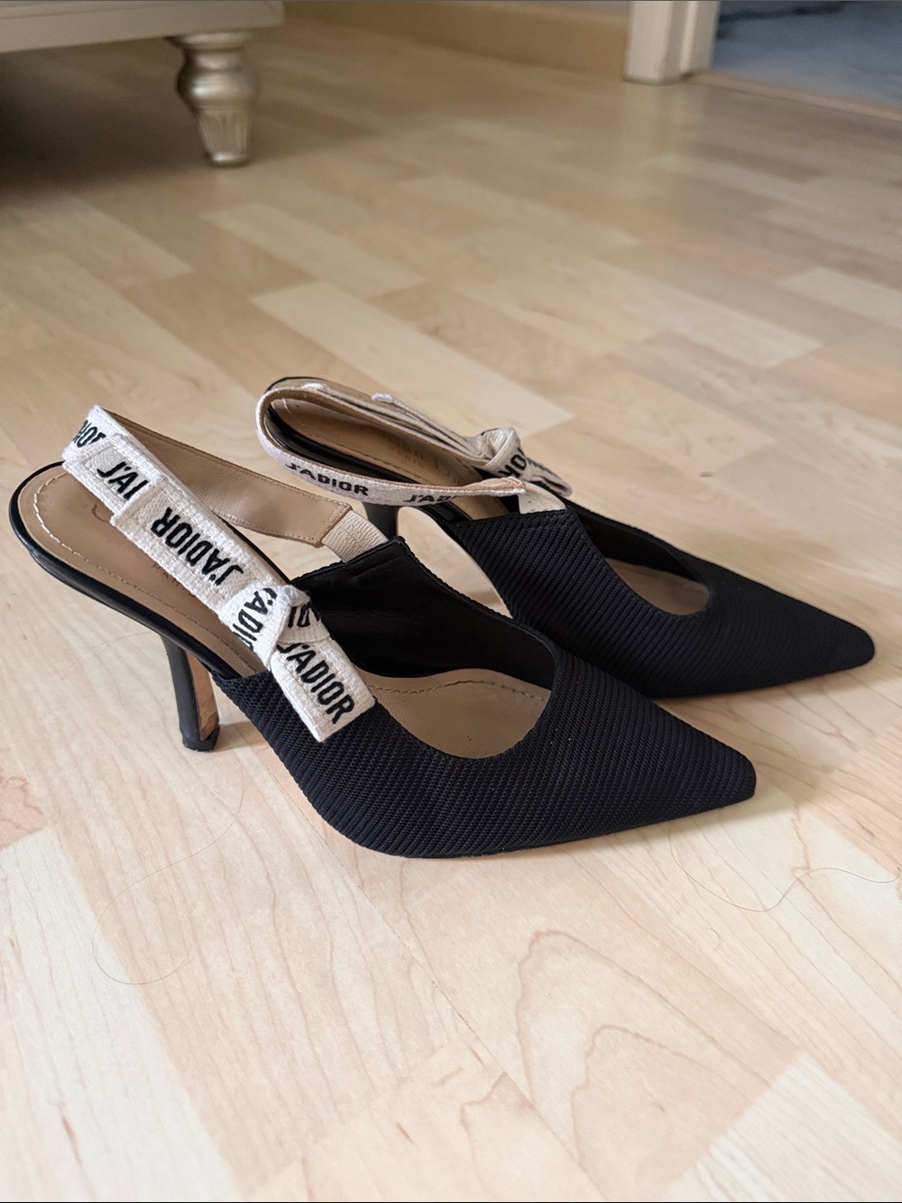 Dior Black Pointed-Toe Slingback Heels with J'Adior Ribbon